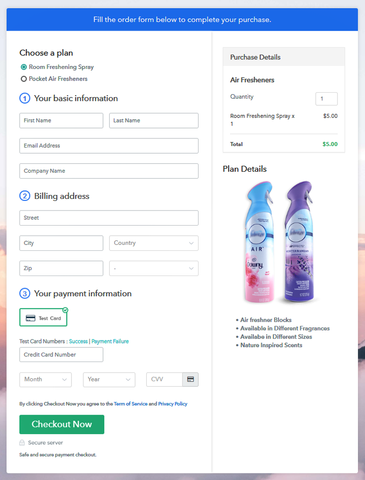 Multiplan Checkout Page to Sell Air Fresheners Online