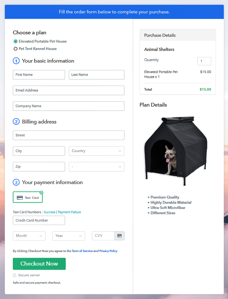 Multiplan Checkout Page to Sell Animal Shelters Online