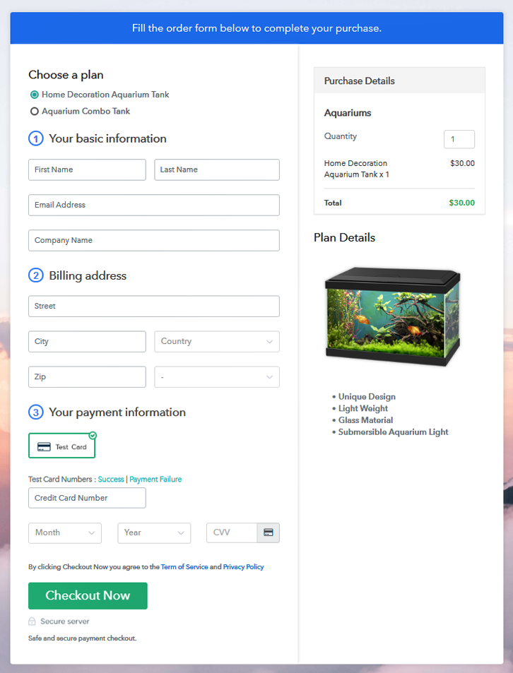 Multiplan Checkout Page to Sell Aquariums Online