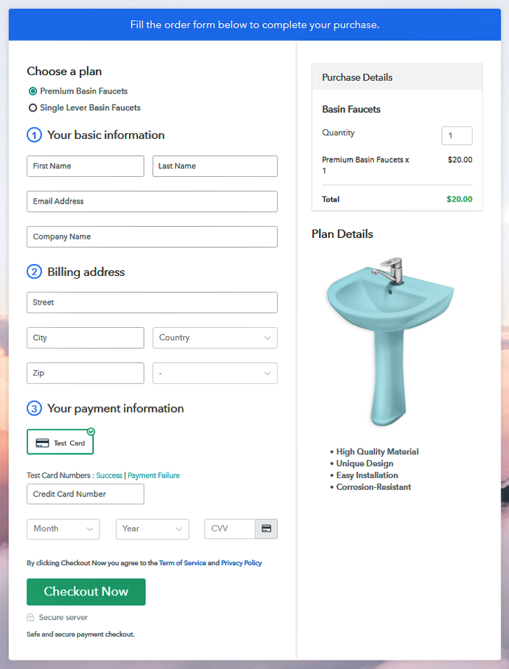 Multiplan Checkout Page to Sell Basin Faucets Online
