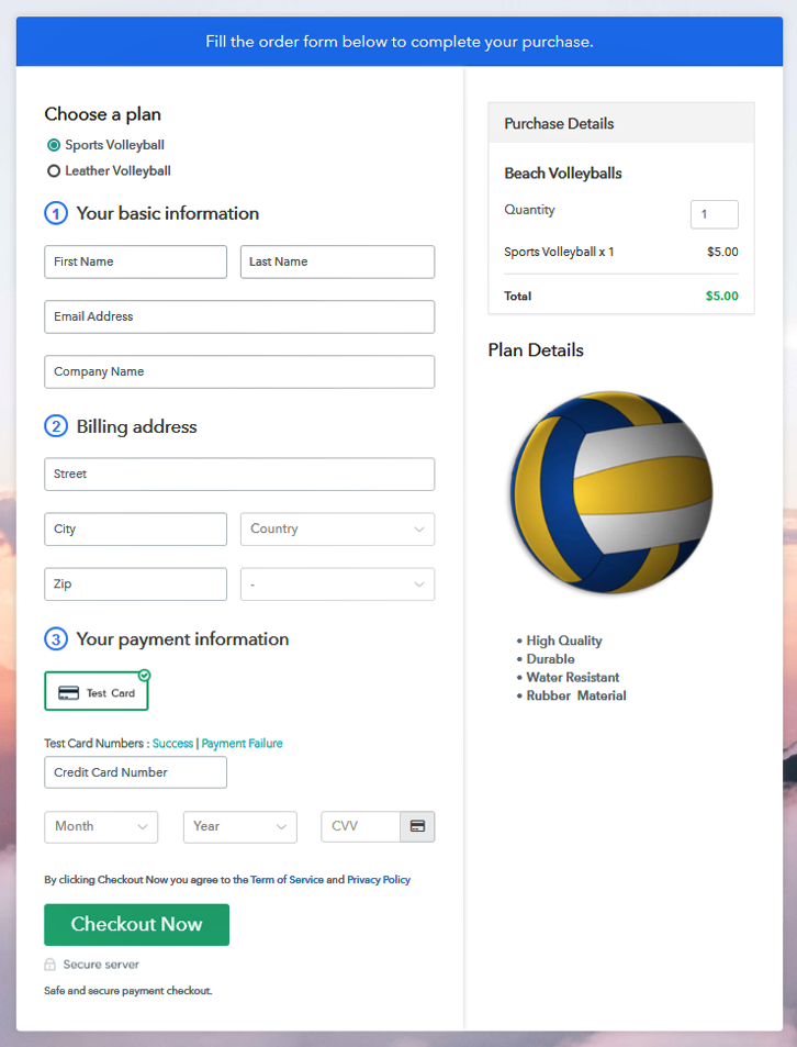 Multiplan Checkout Page to Sell Beach Volleyballs Online