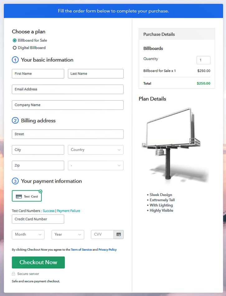 Multiplan Checkout Page to Sell Billboards Online