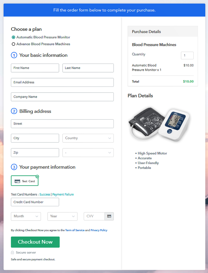 Multiplan Checkout Page to Sell Blood Pressure Machines Online