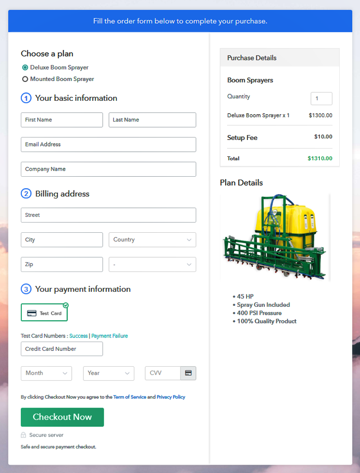 Multiplan Checkout Page to Sell Boom Sprayers Online