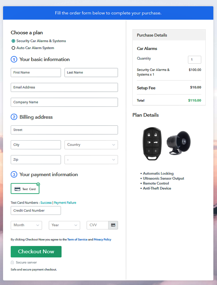 Multiplan Checkout Page to Sell Car Alarms Online