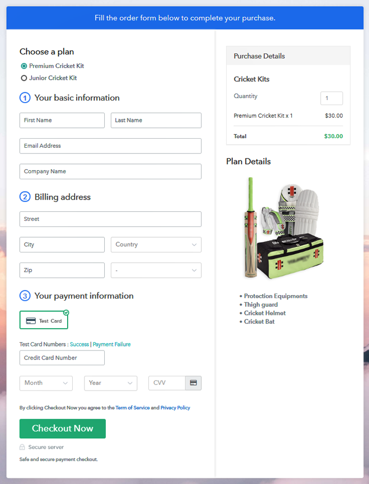 Multiplan Checkout Page to Sell Cricket Kits Online