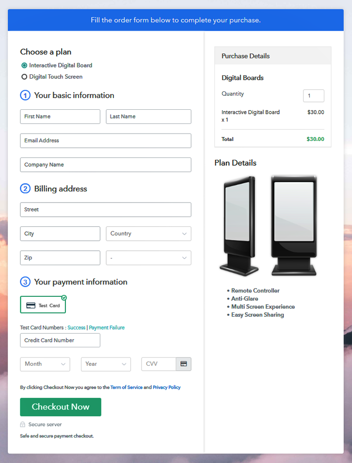 Multiplan Checkout Page to Sell Digital Boards Online