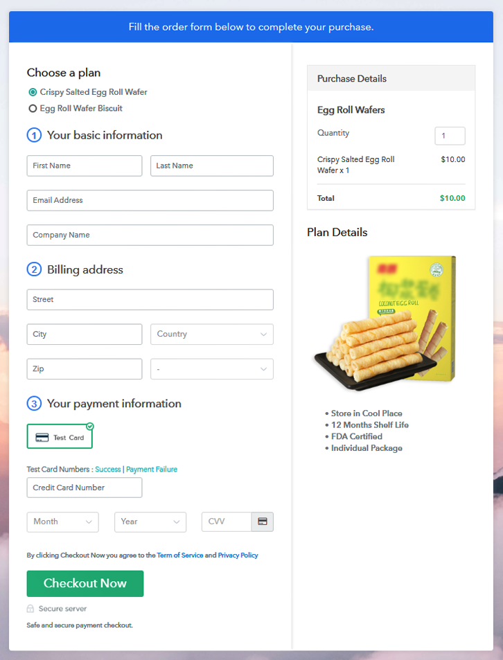 Multiplan Checkout Page to Sell Egg Roll Wafers Online