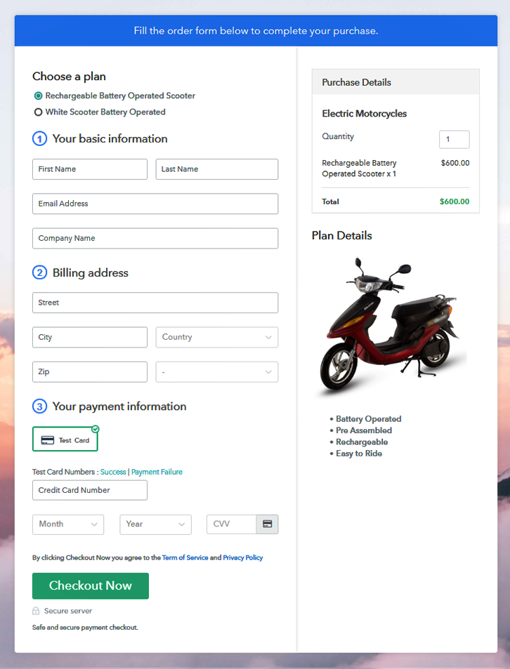 Multiplan Checkout Page to Sell Electric Motorcycles Online