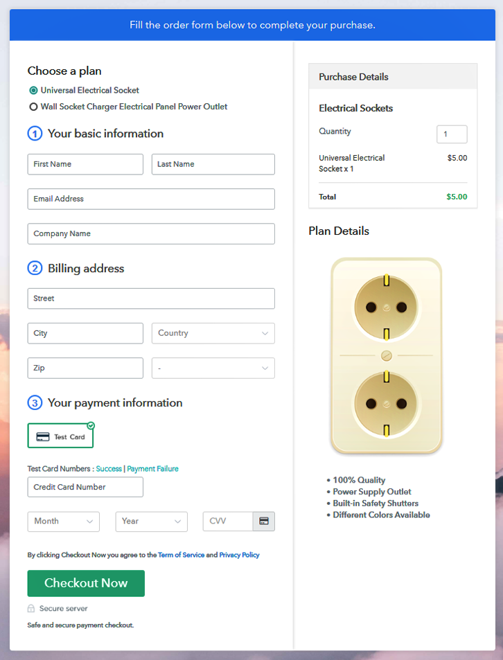Multiplan Checkout Page to Sell Electrical Sockets Online