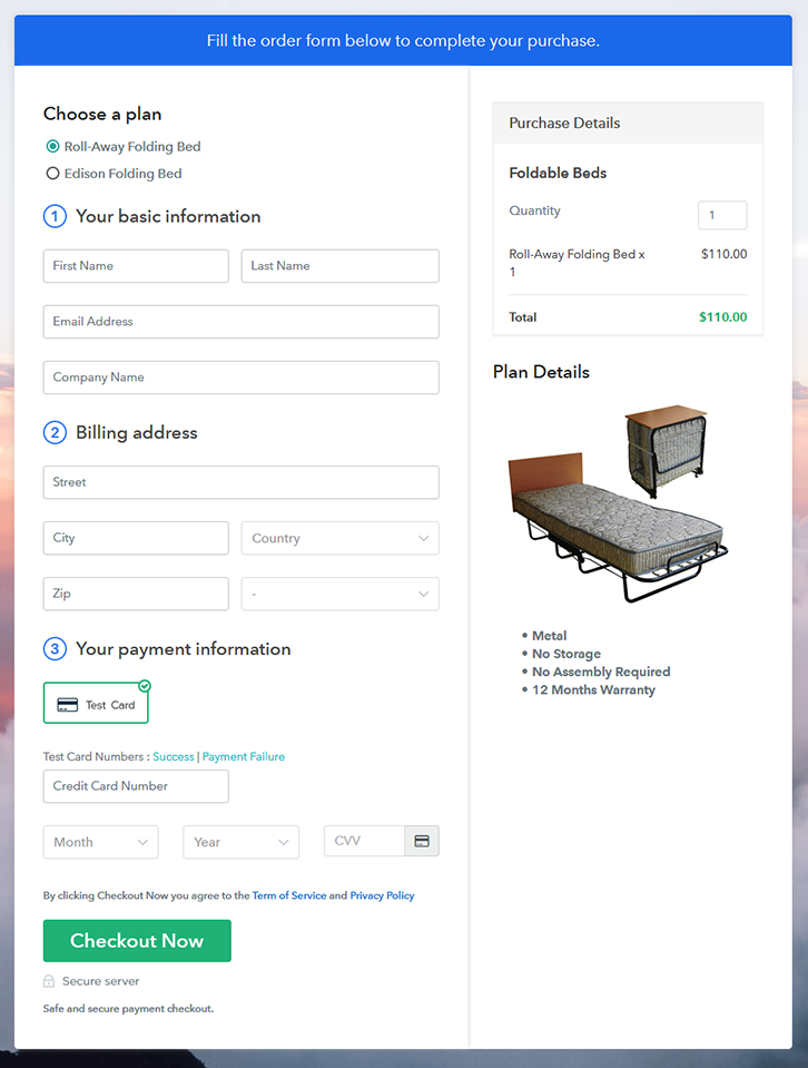 Multiplan Checkout Page to Sell Foldable Beds Online