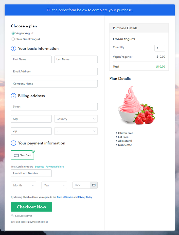 Multiplan Checkout Page to Sell Frozen Yogurts Online