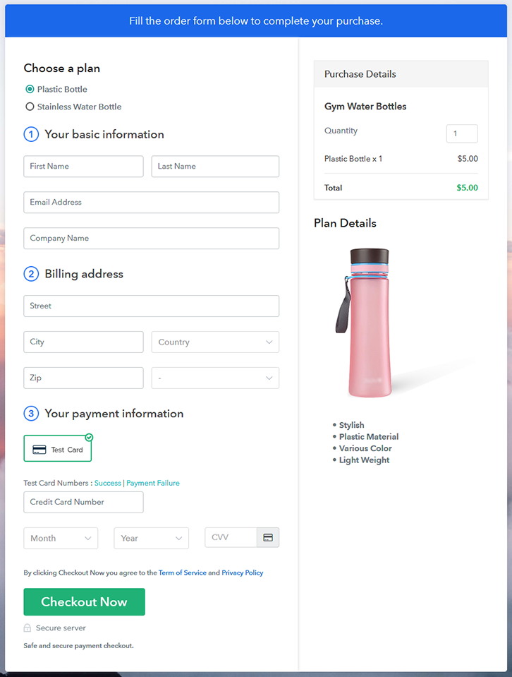 Multiplan Checkout Page to Sell Gym Water Bottles Online