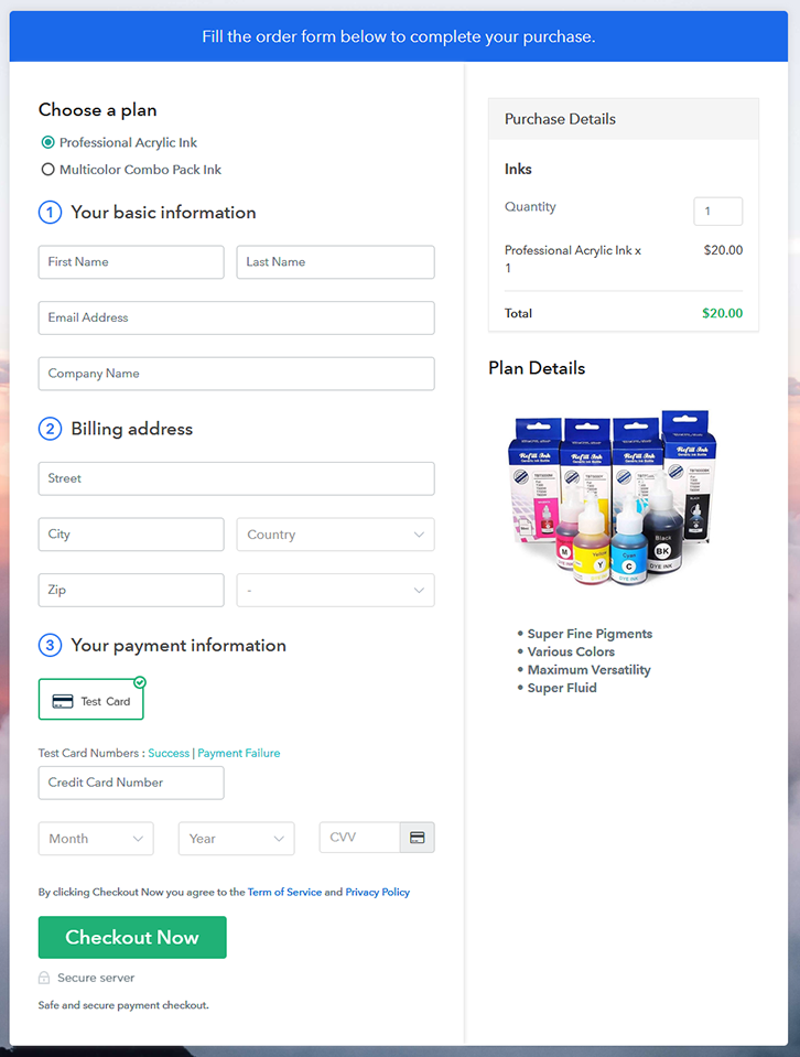 Multiplan Checkout Page to Sell Inks Online