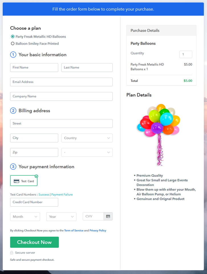 Multiplan Checkout Page to Sell Party Balloons Online
