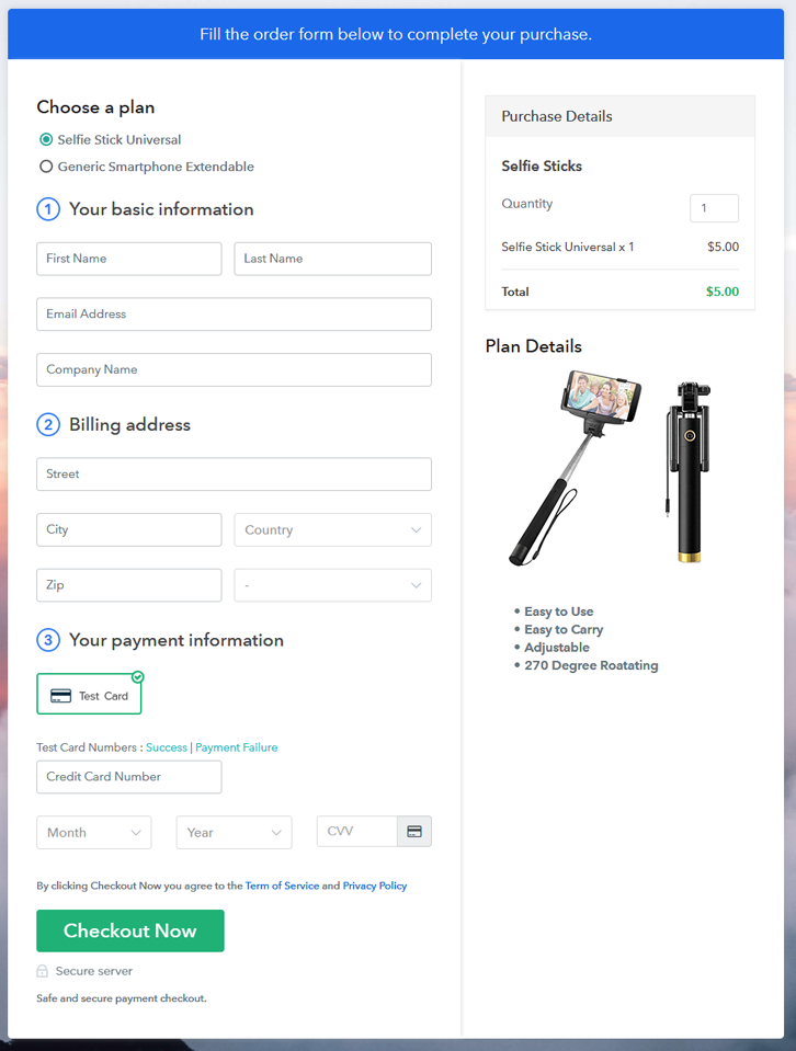 Multiplan Checkout Page to Sell Selfie Sticks Online