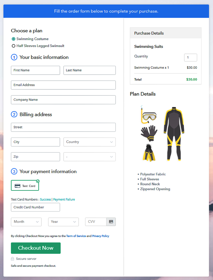 Multiplan Checkout Page to Sell Swimming Suits Online