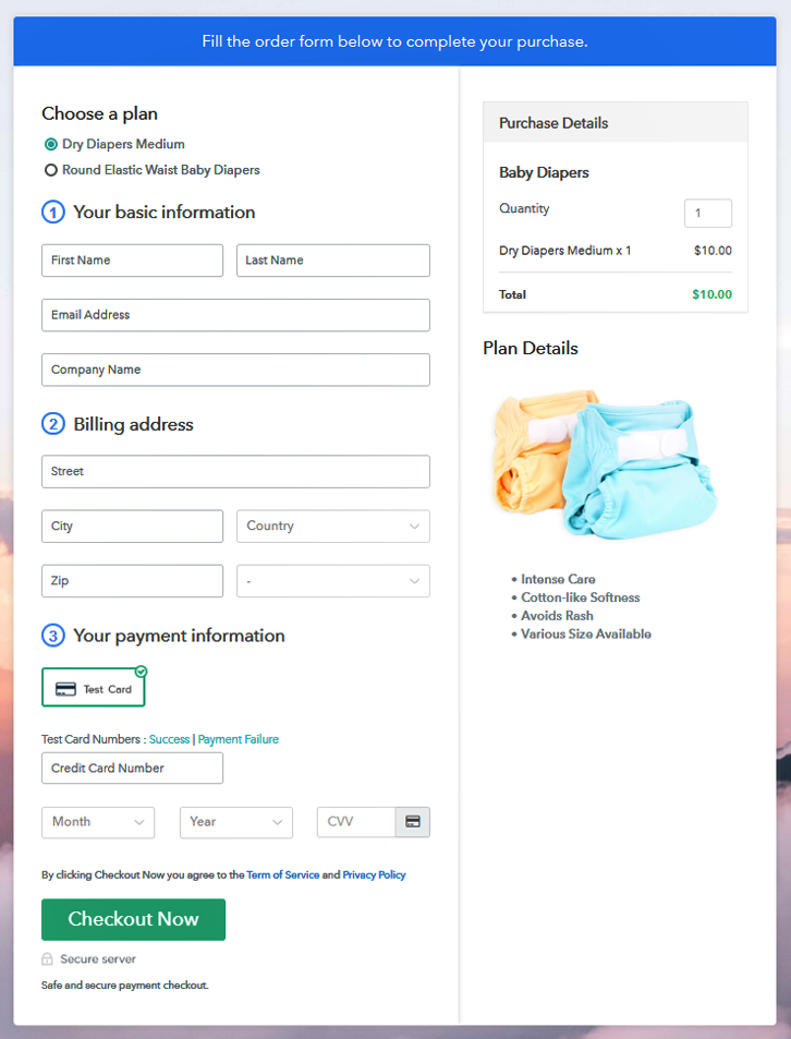 Multiplan Checkout Page to Sell Baby Diapers Online