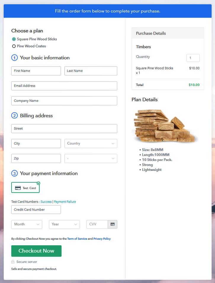 Multiplan Checkout Page to Sell Timbers Online