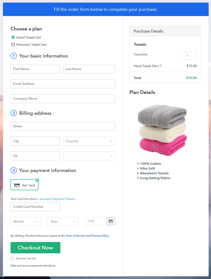 Multiplan Checkout Page to Sell Towels Online