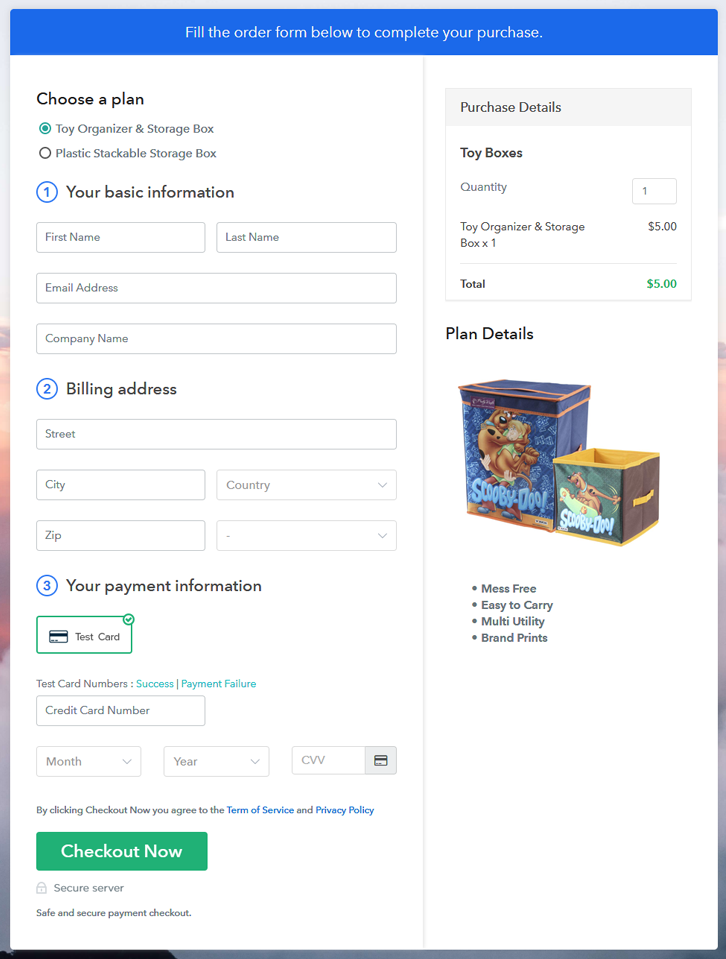 Multiplan Checkout Page to Sell Toy Boxes Online