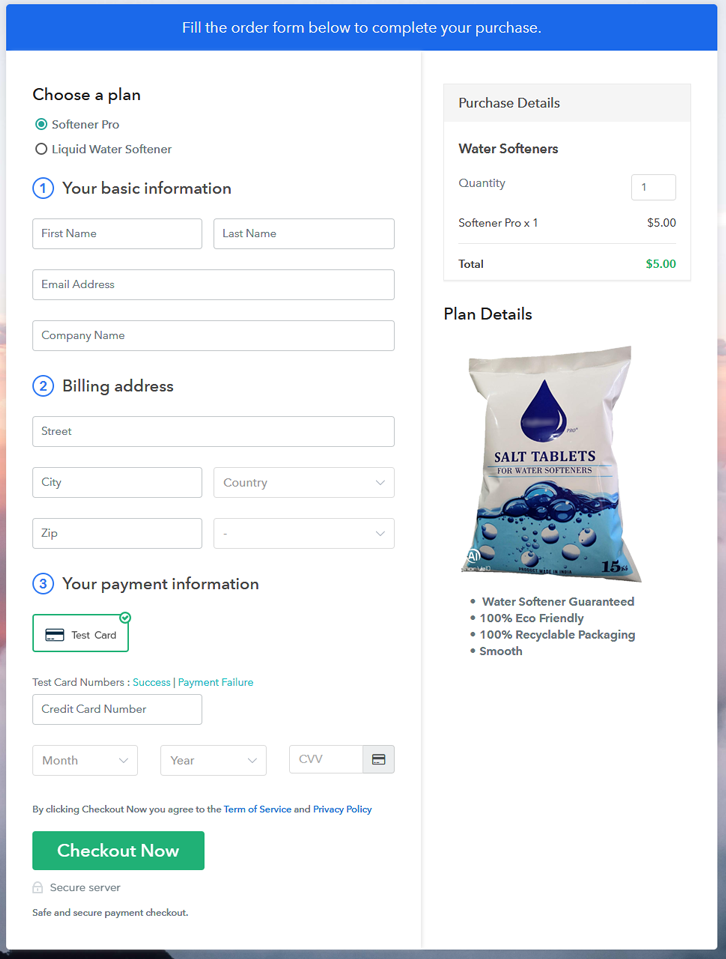 Multiplan Checkout Page to Sell Water Softeners Online