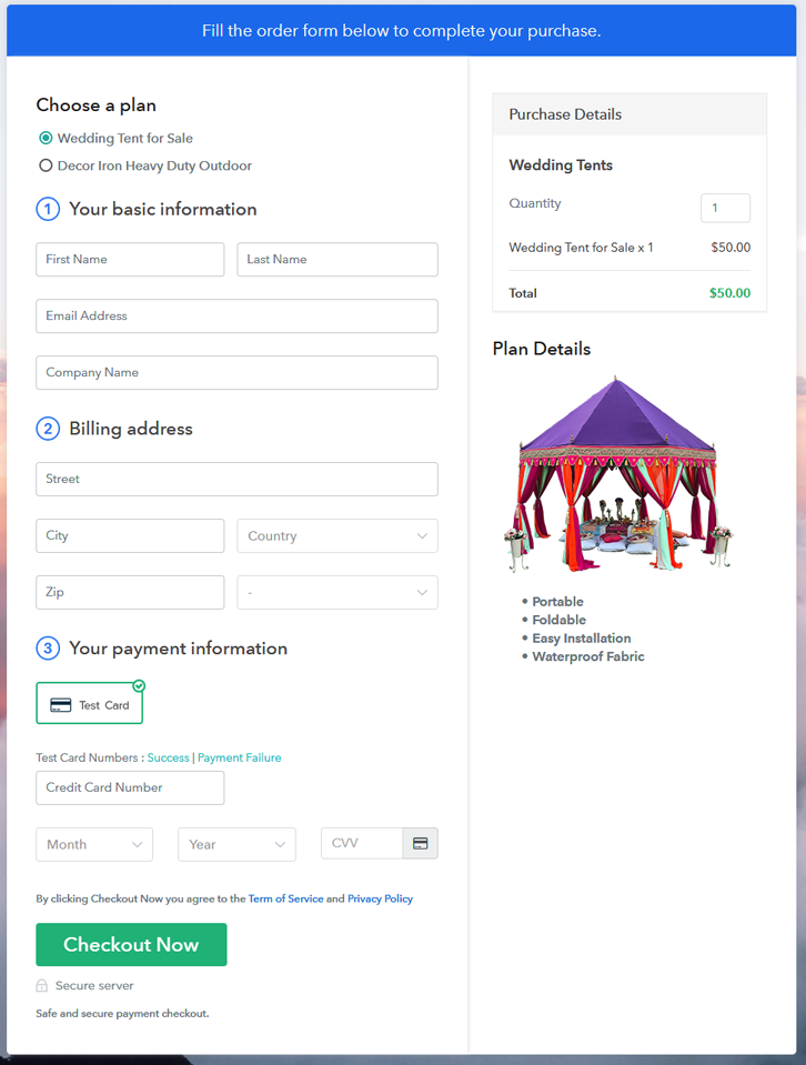 Multiplan Checkout Page to Sell Wedding Tents Online