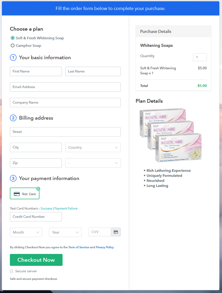 Multiplan Checkout Page to Sell Whitening Soaps Online