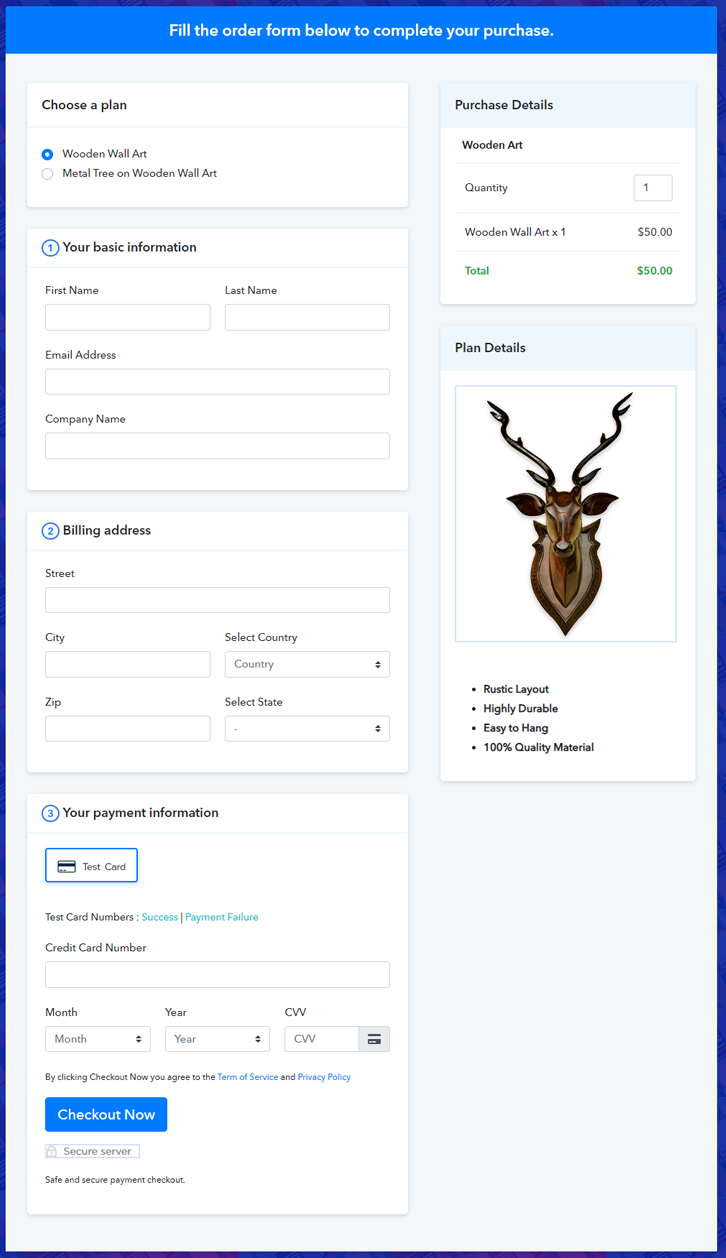 Multiplan Checkout Page to Sell Wooden Art Online