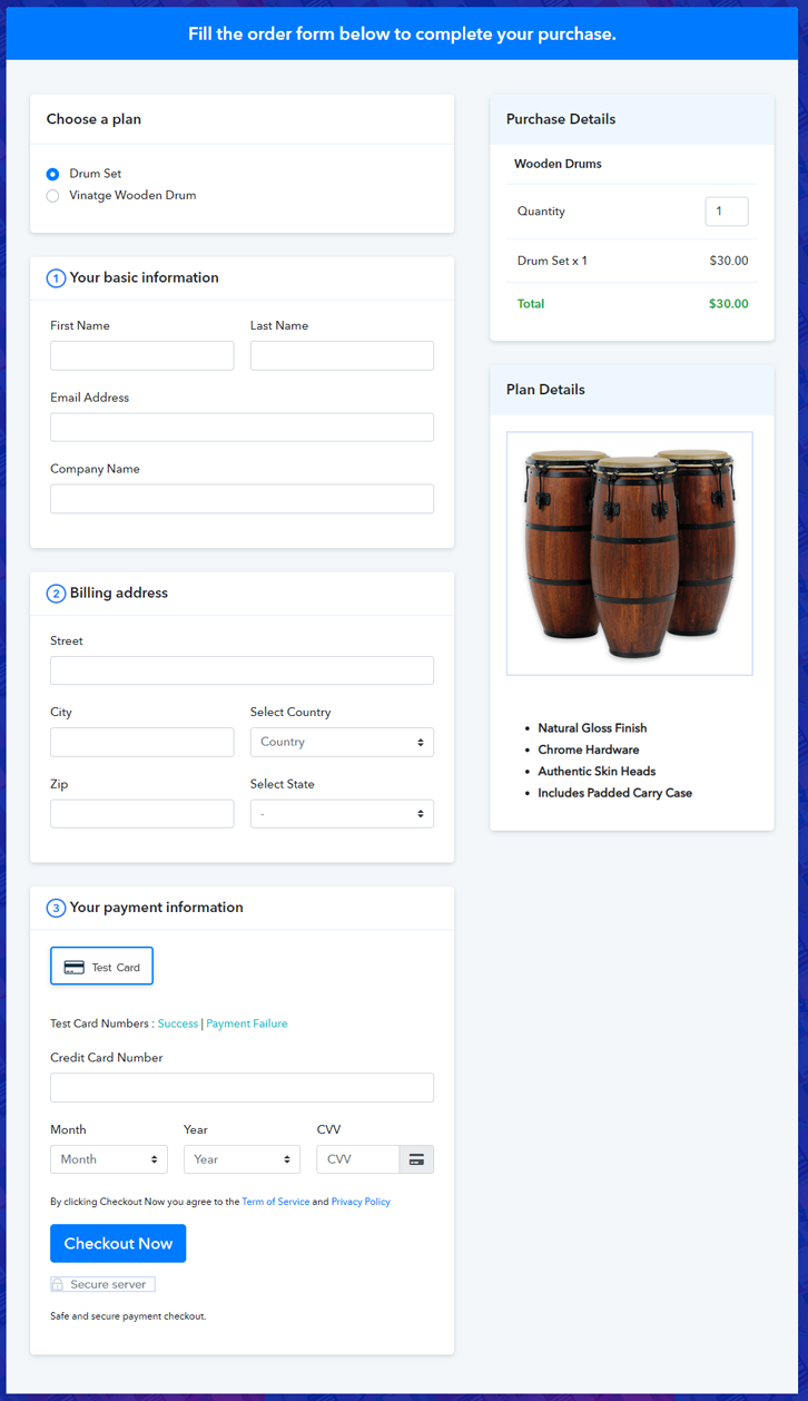 Multiplan Checkout Page to Sell Wooden Drums Online