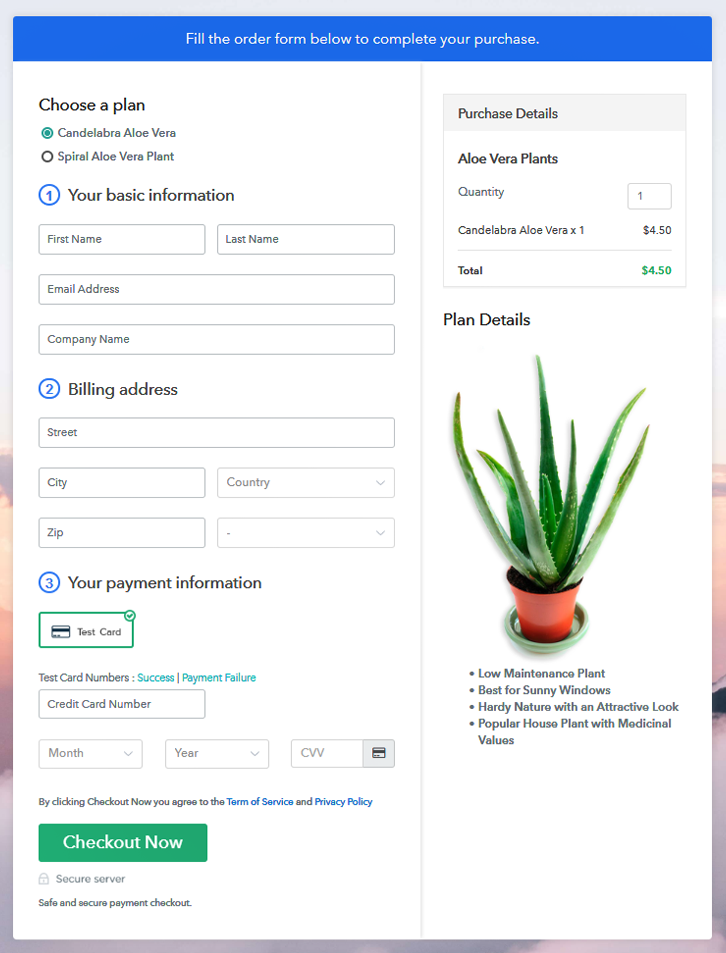Multiplan Checkout Page to Sell Aloe Vera Plants Online