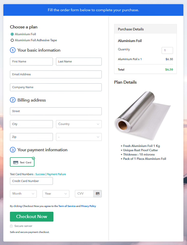 Multiplan Checkout Page to Sell Aluminium Foil Online