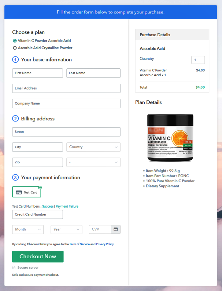 Multiplan Checkout Page to Sell Ascorbic Acid Online