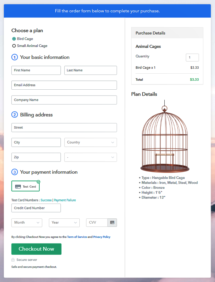 Multiplan Checkout Page to Sell Animal Cages Online