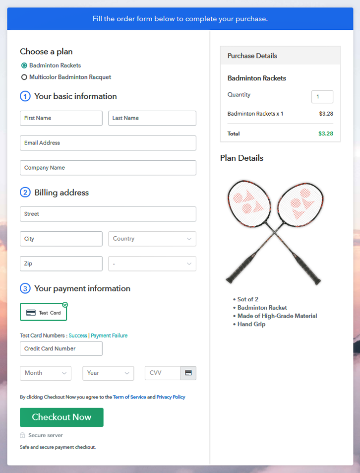 Multiplan Checkout Page to Sell Badminton Rackets Online