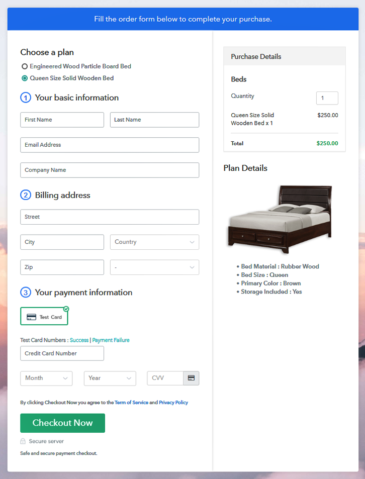 Multiplan Checkout Page to Sell Beds Online