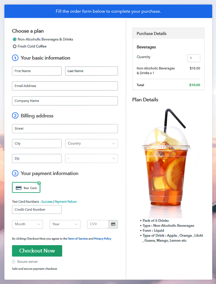 Multiplan Checkout Page to Sell Beverages Online