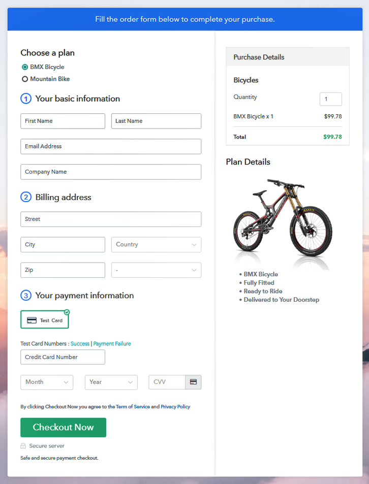 Multiplan Checkout Page to Sell Bicycles Online