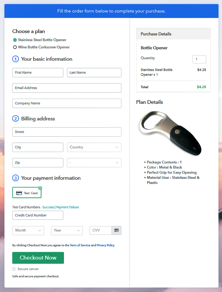 Multiplan Checkout Page to Sell Bottle Openers Online