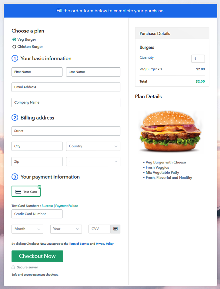 Multiplan Checkout Page to Sell Burgers Online