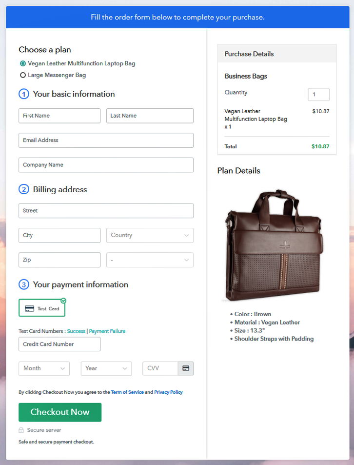 Multiplan Checkout Page to Sell Business Bags Online