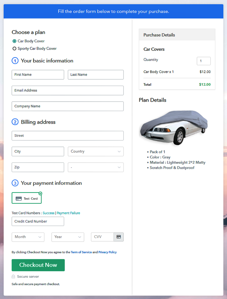 Multiplan Checkout Page to Sell Car Covers Online