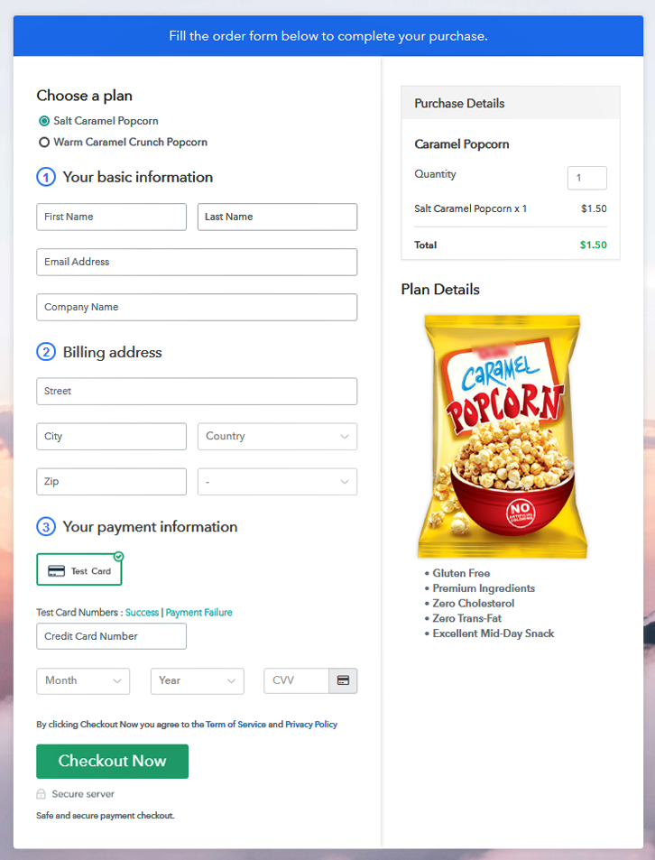 Multiplan Checkout Page to Sell Caramel Popcorn Online