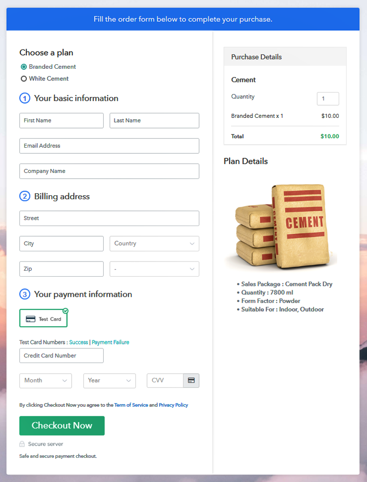 Multiplan Checkout Page to Sell Cement Online