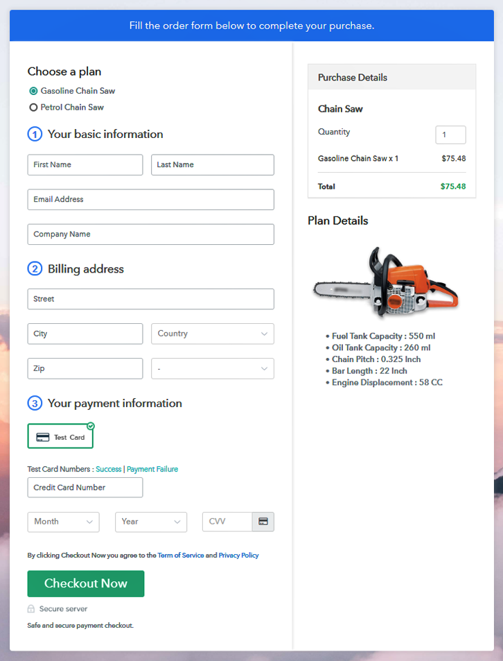 Multiplan Checkout Page to Sell Chain Saws Online