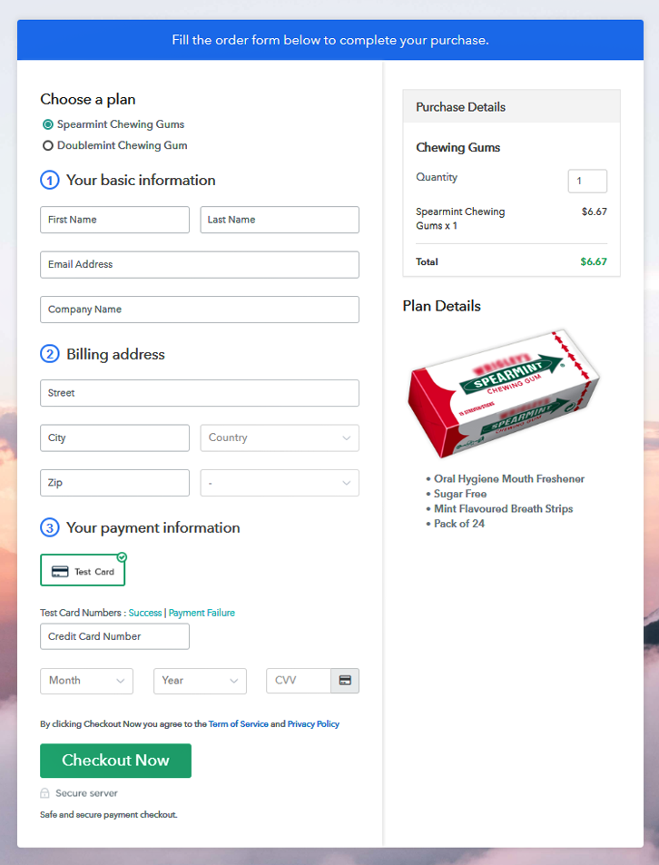 Multiplan Checkout Page to Sell Chewing Gums Online