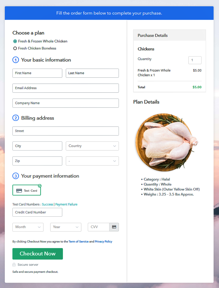 Multiplan Checkout Page to Sell Chicken Online