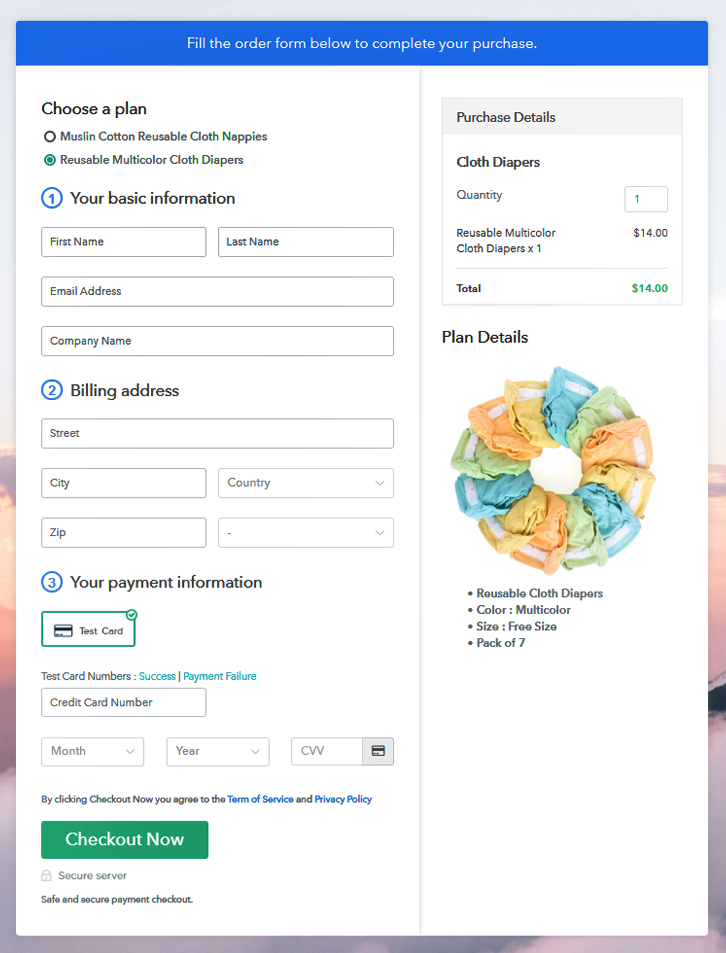 Multiplan Checkout Page to Sell Cloth Diapers Online