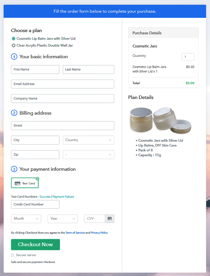 Multiplan Checkout Page to Sell Cosmetic Jars Online