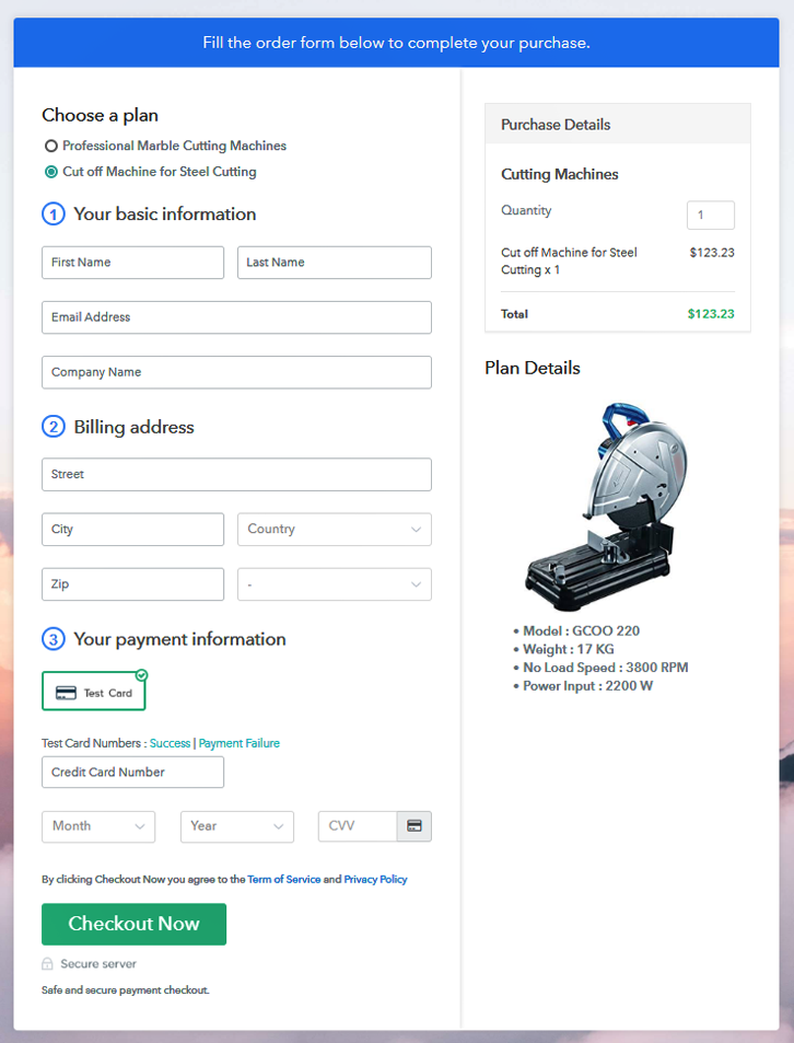Multiplan Checkout Page to Sell Cutting Machines Online